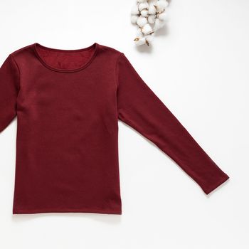 Organic女保暖圓領衫(推毛)-暗紅