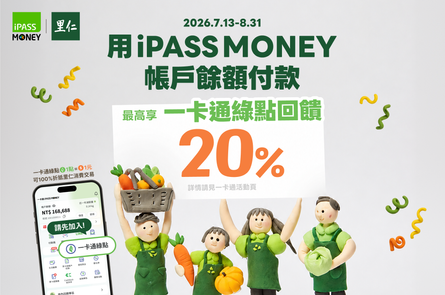 用iPASS MONEY帳戶餘額付款最高享20%回饋！