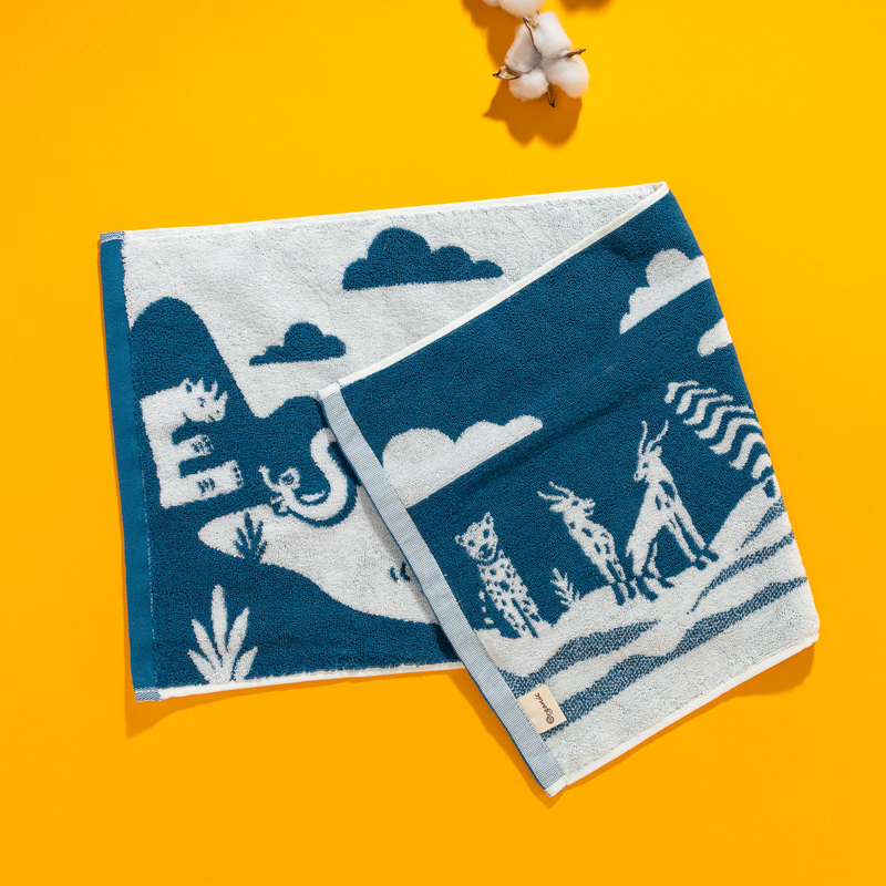 Organic有機棉洗臉巾(草原同樂)(藍綠/白)