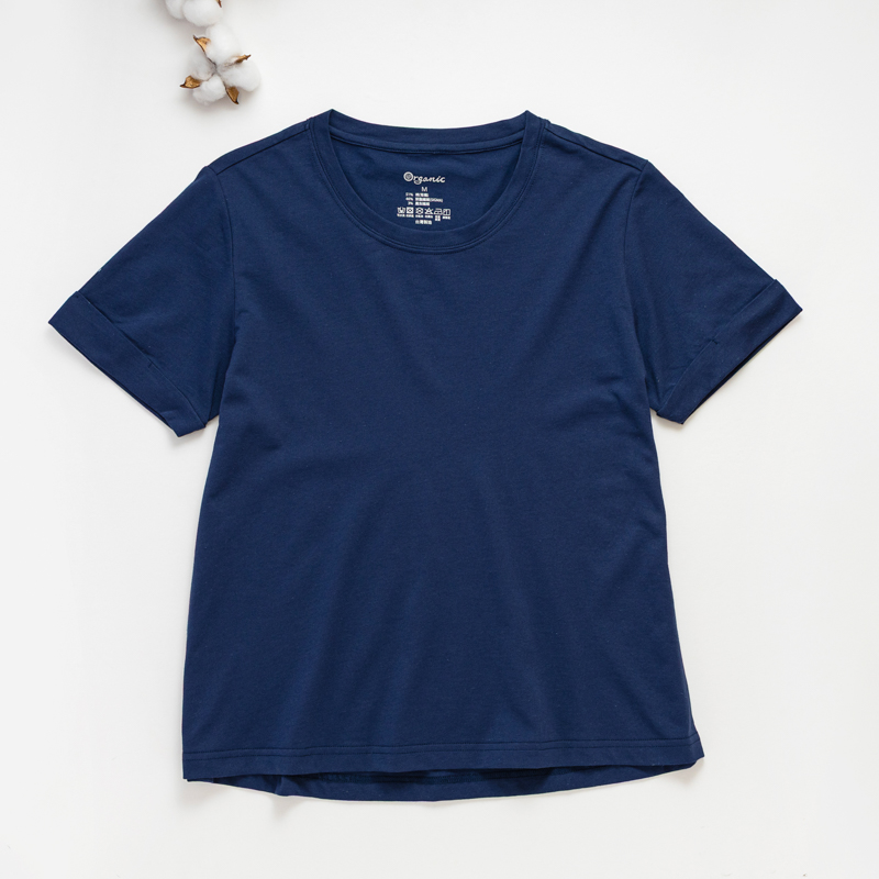 Organic翻褶袖圓短T恤 (鳳梨涼感)(丈青)