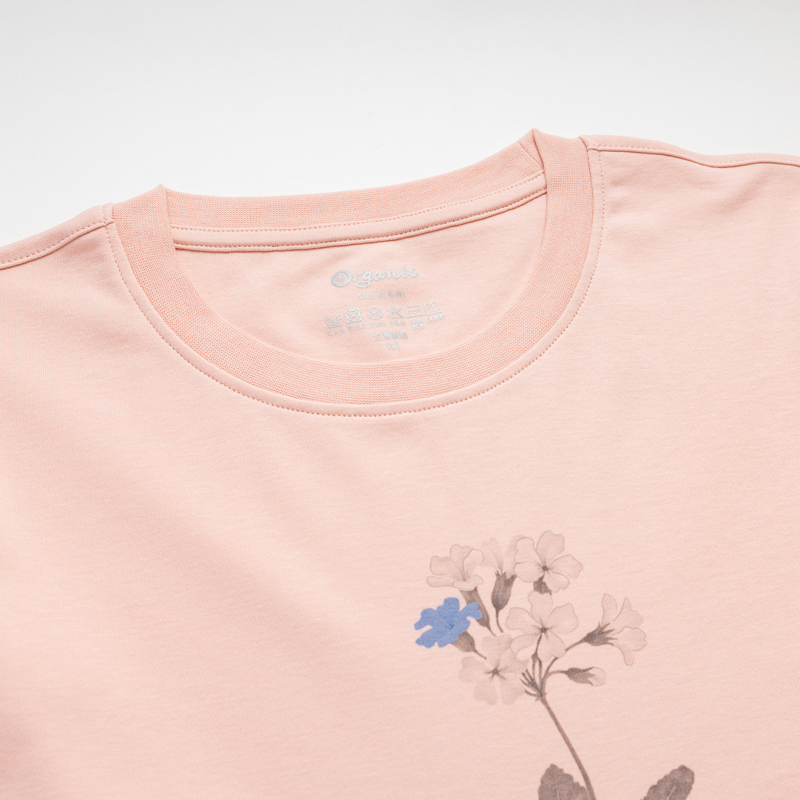 Organic女圓短T恤(素描花卉)(粉色)