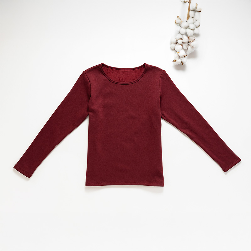 Organic女保暖圓領衫(推毛)-暗紅