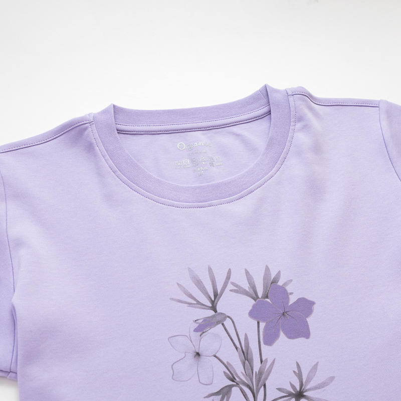 Organic女圓短T恤(素描花卉)(紫色)
