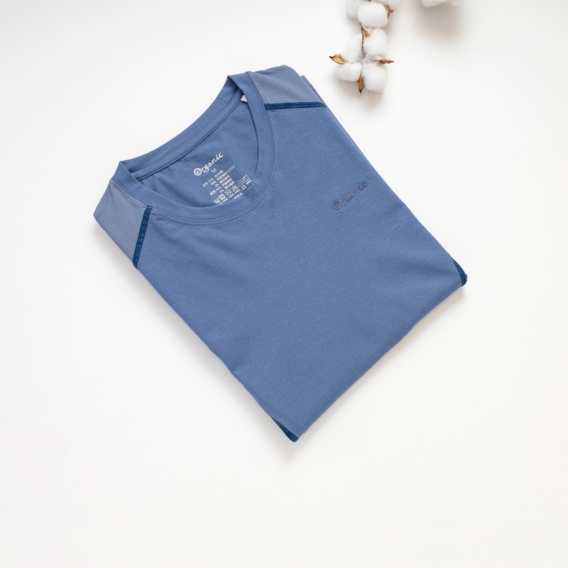 Organic拚接女圓短T恤 (鳳梨涼感)(中藍)