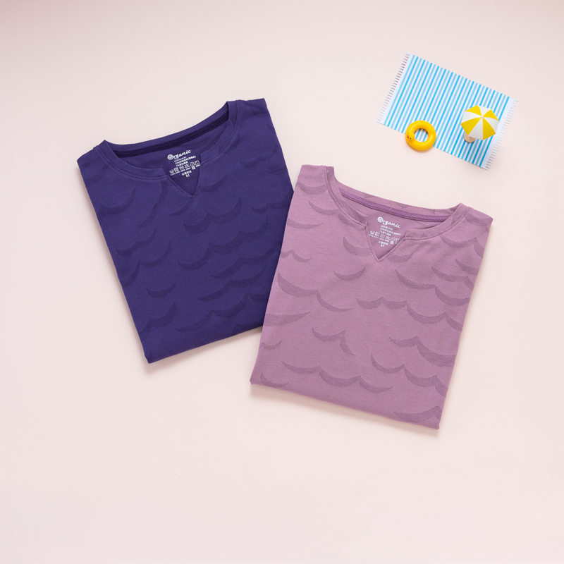 Organic涼感七分袖上衣(波浪紋)(粉紫)