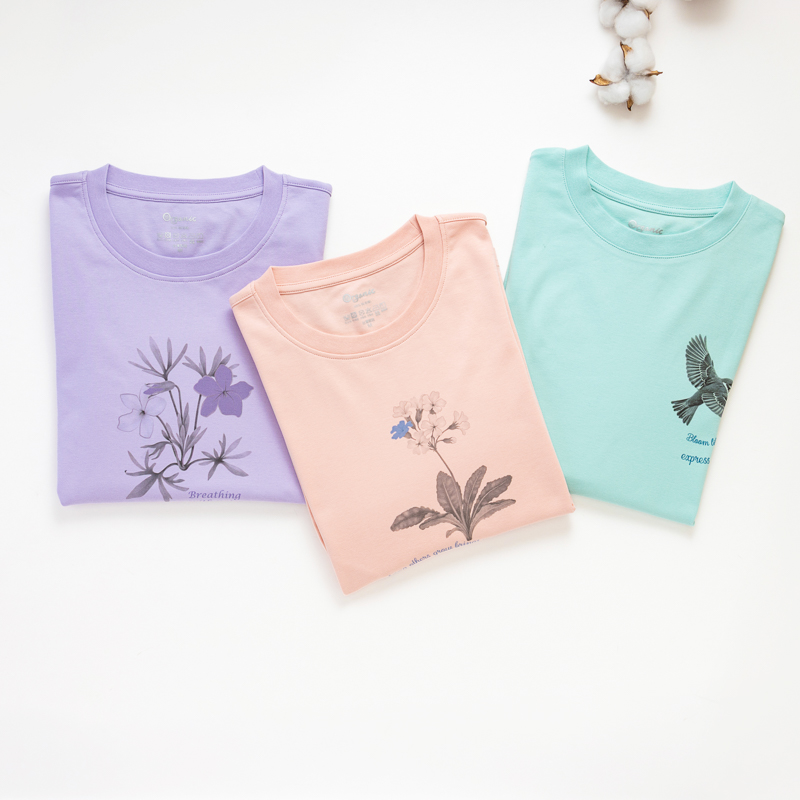 Organic女圓短T恤(素描花卉)(紫色)