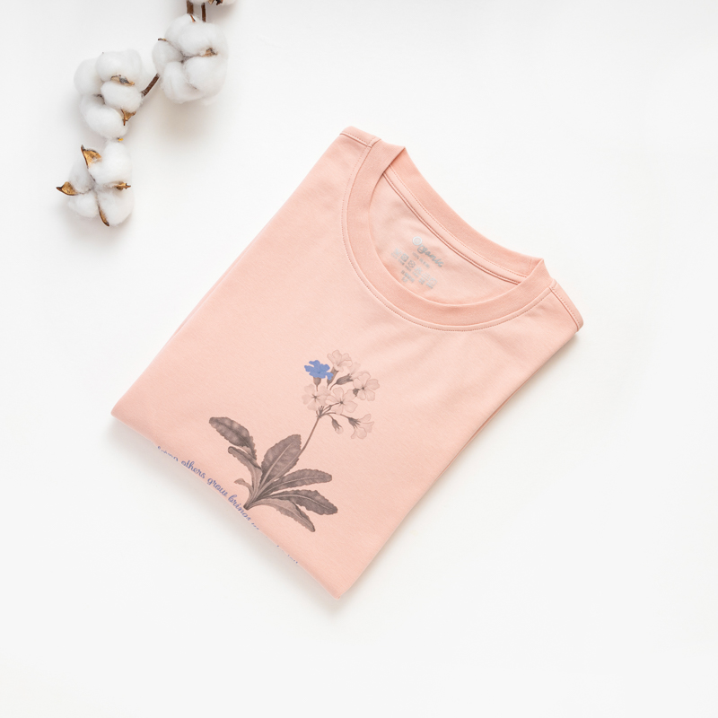 Organic女圓短T恤(素描花卉)(粉色)